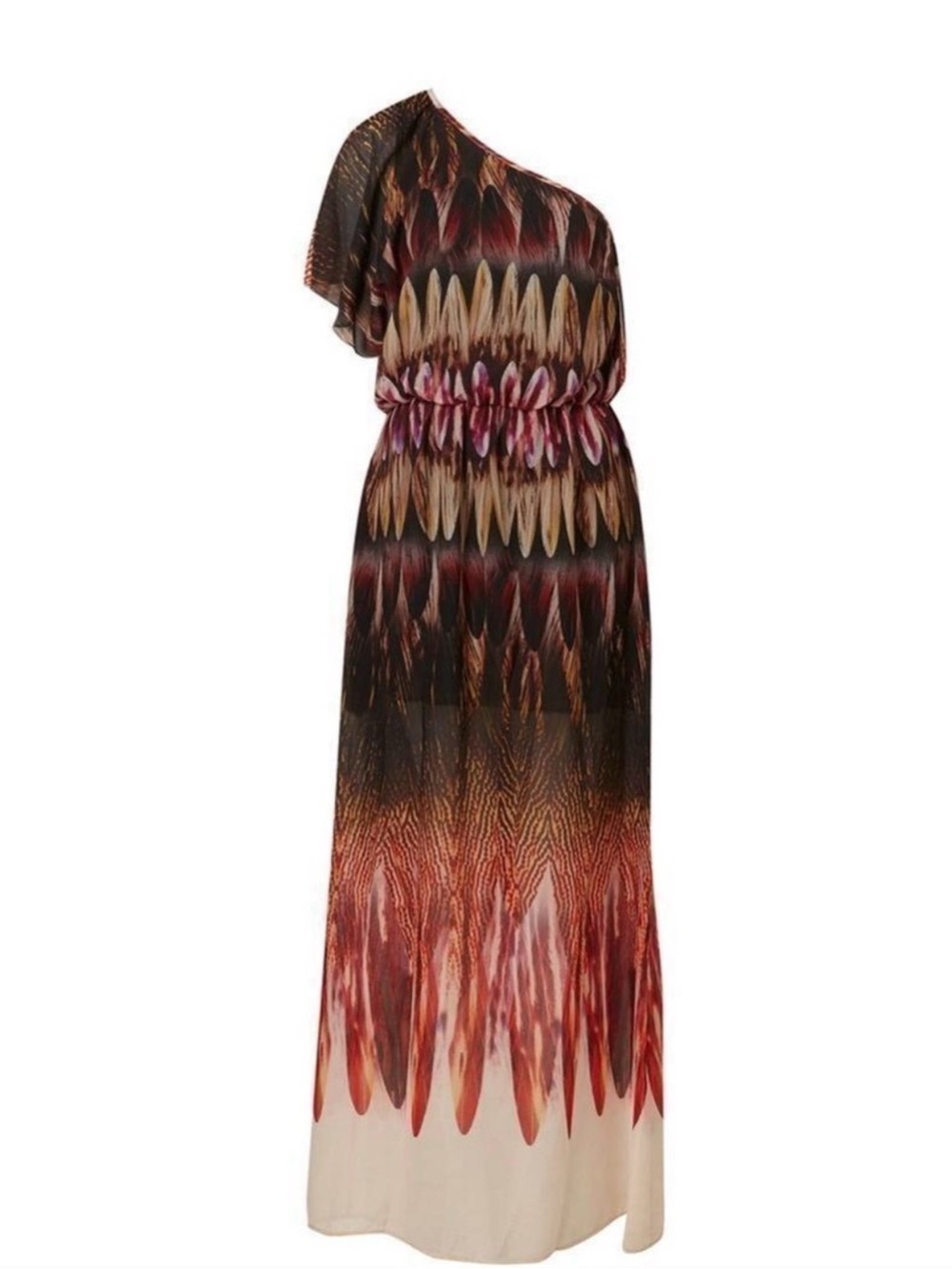 Topshop One Shoulder Feather Print Maxi Dress Size 8 Boho Summer EUC - Picture 2 of 8